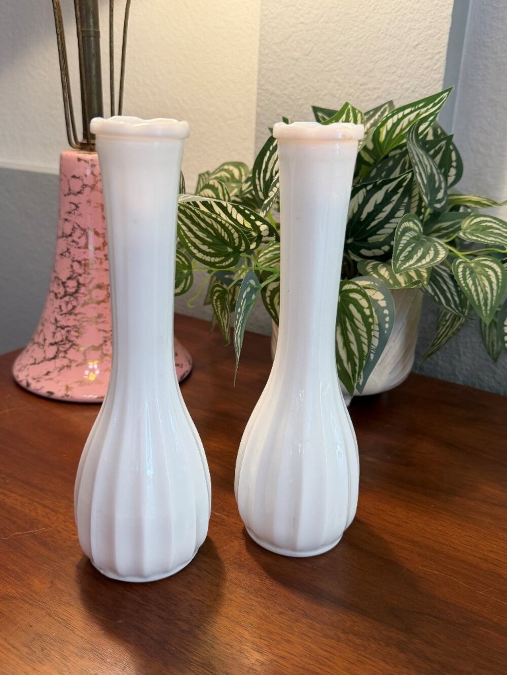 Vintage White Milk Glass Bud Vases, Coordinated Fluted Pair, Scalloped Rims